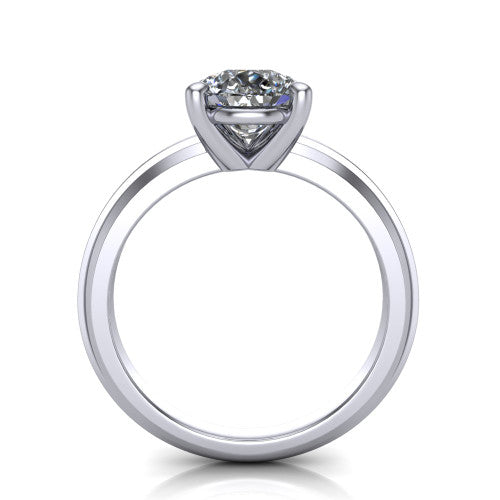 Ellie pear classic solitaire engagement ring in 18K White Gold, through-finger front profile showing the pear center raised above the wide knife-edge band