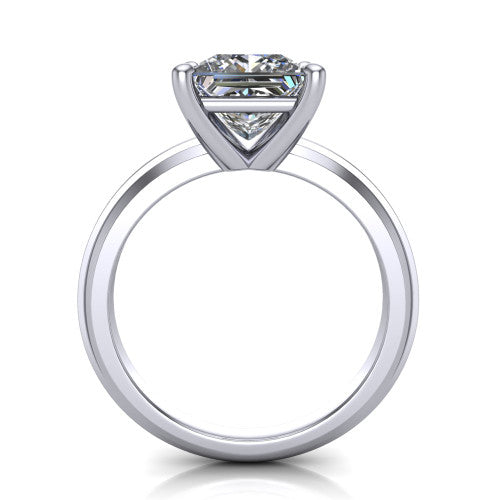Ellie princess classic solitaire engagement ring in Platinum, through-finger front profile showing the princess center raised above the wide knife-edge band