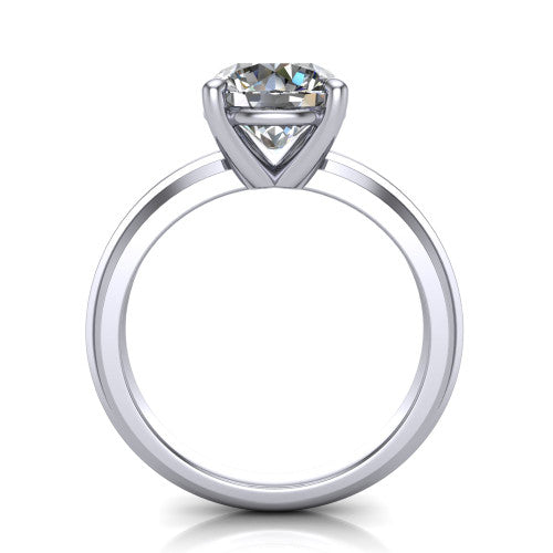 Ellie round classic solitaire engagement ring in 18K White Gold, through-finger front profile showing the round center raised above the wide knife-edge band