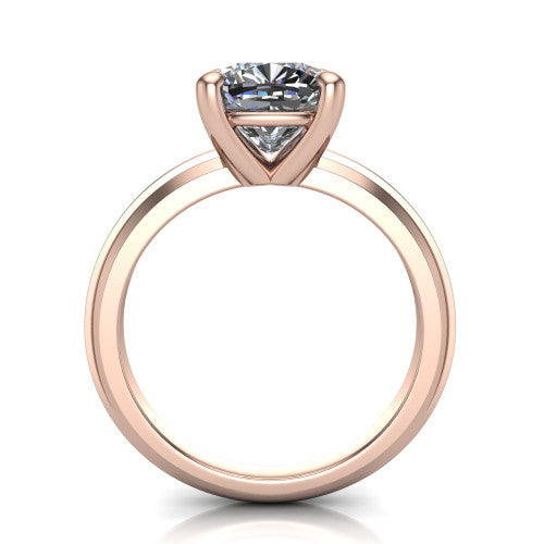 Ellie cushion classic solitaire engagement ring in 18K Rose Gold, through-finger front profile showing the cushion center raised above the wide knife-edge band
