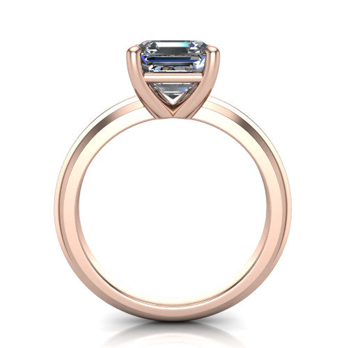 Ellie square emerald classic solitaire engagement ring in 14K Rose Gold, through-finger front profile showing the square emerald center raised above the wide knife-edge band