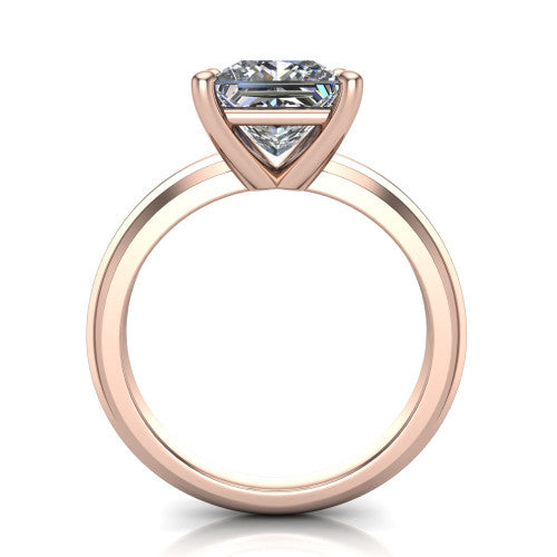 Ellie princess classic solitaire engagement ring in 14K Rose Gold, through-finger front profile showing the princess center raised above the wide knife-edge band
