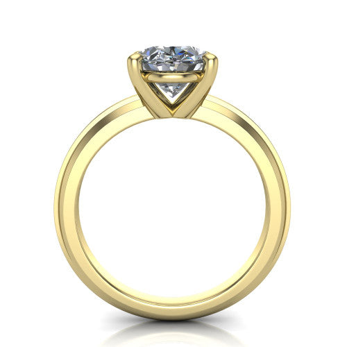 Ellie oval classic solitaire engagement ring in 18K Yellow Gold, through-finger front profile showing the oval center raised above the wide knife-edge band