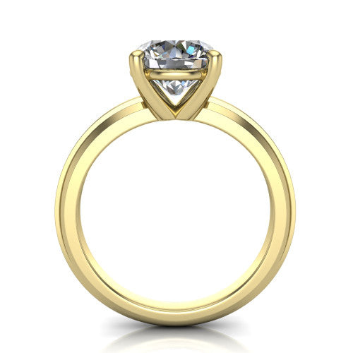 Ellie round classic solitaire engagement ring in 18K Yellow Gold, through-finger front profile showing the round center raised above the wide knife-edge band