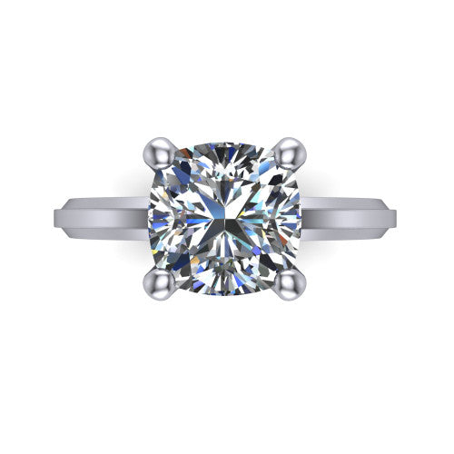 Ellie cushion classic solitaire engagement ring in 14K White Gold, top-down view showing the four-prong cushion solitaire center and the wide band