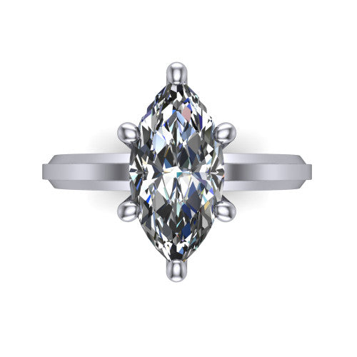 Ellie marquise classic solitaire engagement ring in 18K White Gold, top-down view showing the four-prong marquise solitaire center and the wide band