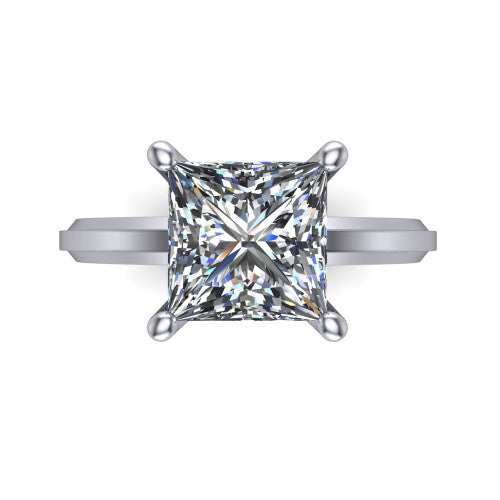 Ellie princess classic solitaire engagement ring in 18K White Gold, top-down view showing the four-prong princess solitaire center and the wide band