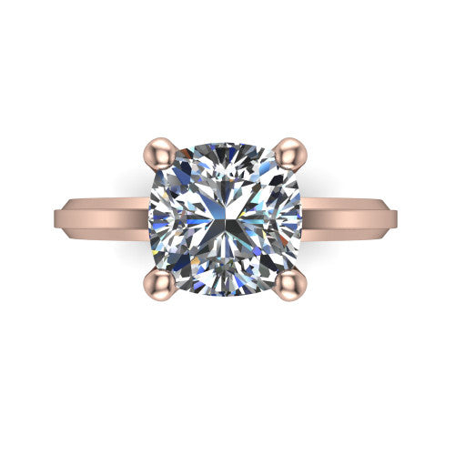 Ellie cushion classic solitaire engagement ring in 14K Rose Gold, top-down view showing the four-prong cushion solitaire center and the wide band