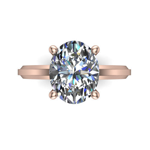 Ellie oval classic solitaire engagement ring in 18K Rose Gold, top-down view showing the four-prong oval solitaire center and the wide band