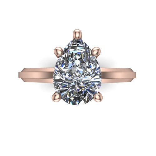Ellie pear classic solitaire engagement ring in 18K Rose Gold, top-down view showing the four-prong pear solitaire center and the wide band