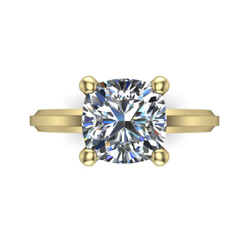 Ellie cushion classic solitaire engagement ring in 14K Yellow Gold, top-down view showing the four-prong cushion solitaire center and the wide band