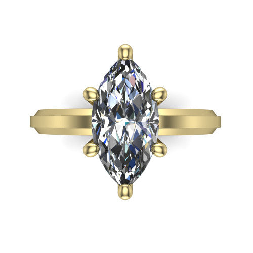 Ellie marquise classic solitaire engagement ring in 18K Yellow Gold, top-down view showing the four-prong marquise solitaire center and the wide band