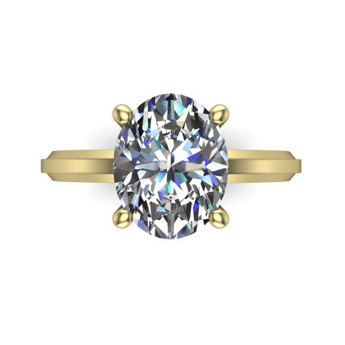 Ellie oval classic solitaire engagement ring in 18K Yellow Gold, top-down view showing the four-prong oval solitaire center and the wide band