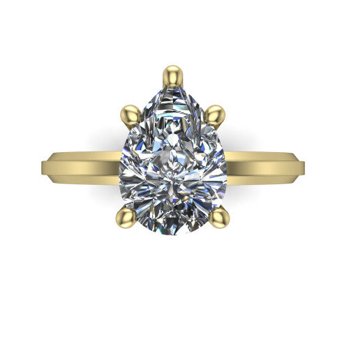 Ellie pear classic solitaire engagement ring in 18K Yellow Gold, top-down view showing the four-prong pear solitaire center and the wide band