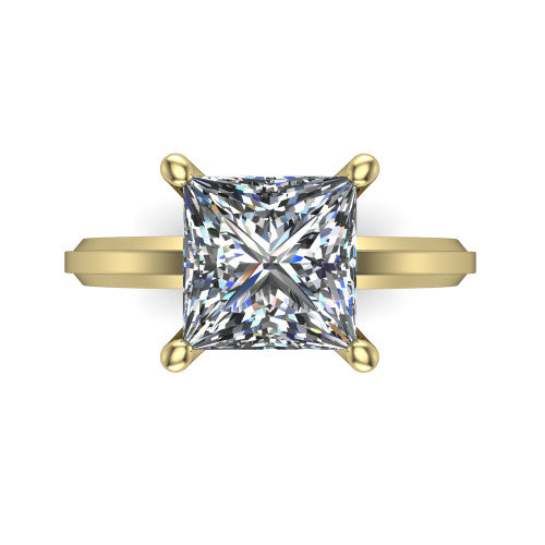 Ellie princess classic solitaire engagement ring in 18K Yellow Gold, top-down view showing the four-prong princess solitaire center and the wide band