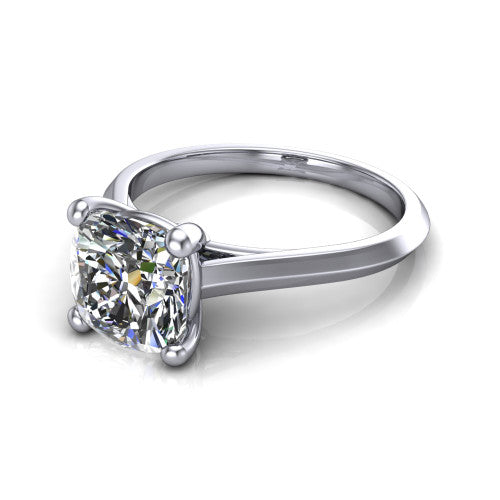 Gianna cushion classic solitaire engagement ring in 18K White Gold, three-quarter perspective showing the cushion center on claw prongs above a plain knife-edge band