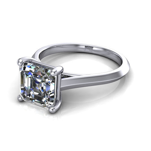 Gianna square emerald classic solitaire engagement ring in 18K White Gold, three-quarter perspective showing the square emerald center on claw prongs above a plain knife-edge band