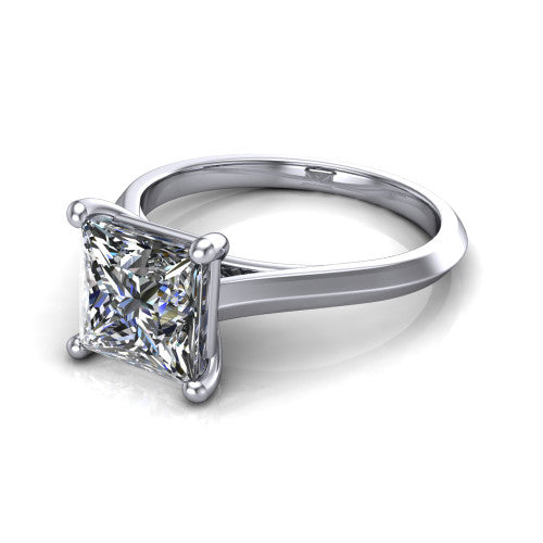 Gianna princess classic solitaire engagement ring in 14K White Gold, three-quarter perspective showing the princess center on claw prongs above a plain knife-edge band