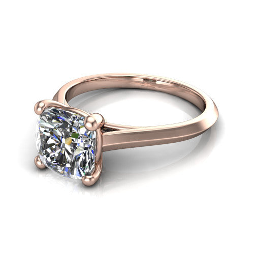 Gianna cushion classic solitaire engagement ring in 18K Rose Gold, three-quarter perspective showing the cushion center on claw prongs above a plain knife-edge band