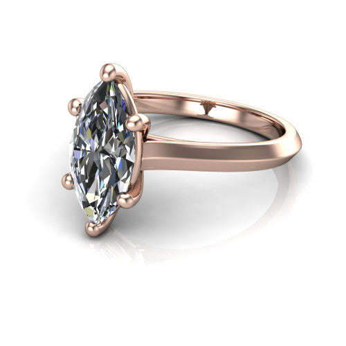 Gianna marquise classic solitaire engagement ring in 14K Rose Gold, three-quarter perspective showing the marquise center on claw prongs above a plain knife-edge band