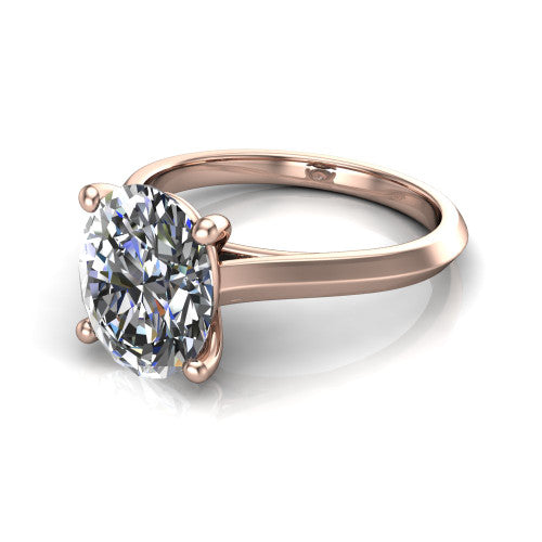 Gianna oval classic solitaire engagement ring in 14K Rose Gold, three-quarter perspective showing the oval center on claw prongs above a plain knife-edge band