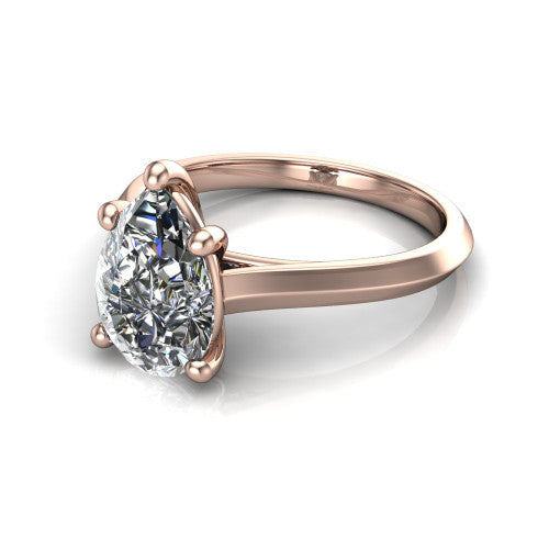 Gianna pear classic solitaire engagement ring in 18K Rose Gold, three-quarter perspective showing the pear center on claw prongs above a plain knife-edge band