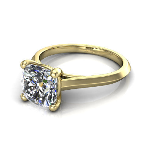 Gianna cushion classic solitaire engagement ring in 14K Yellow Gold, three-quarter perspective showing the cushion center on claw prongs above a plain knife-edge band