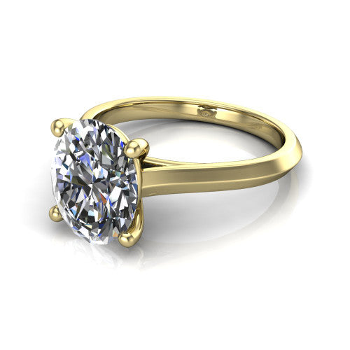 Gianna oval classic solitaire engagement ring in 14K Yellow Gold, three-quarter perspective showing the oval center on claw prongs above a plain knife-edge band