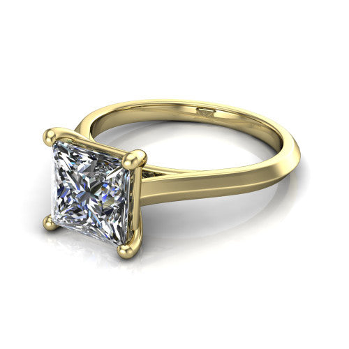 Gianna princess classic solitaire engagement ring in 18K Yellow Gold, three-quarter perspective showing the princess center on claw prongs above a plain knife-edge band