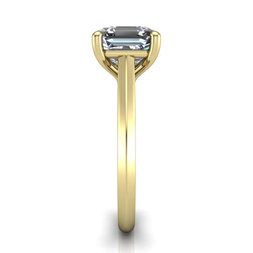 Gianna emerald classic solitaire engagement ring in 18K Yellow Gold, side profile showing the plain polished knife-edge band and the open basket beneath the emerald center