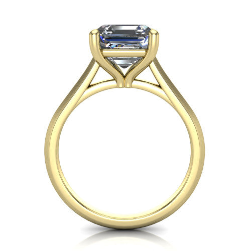 Gianna square emerald classic solitaire engagement ring in 18K Yellow Gold, through-finger front profile showing the square emerald center raised above the knife-edge band