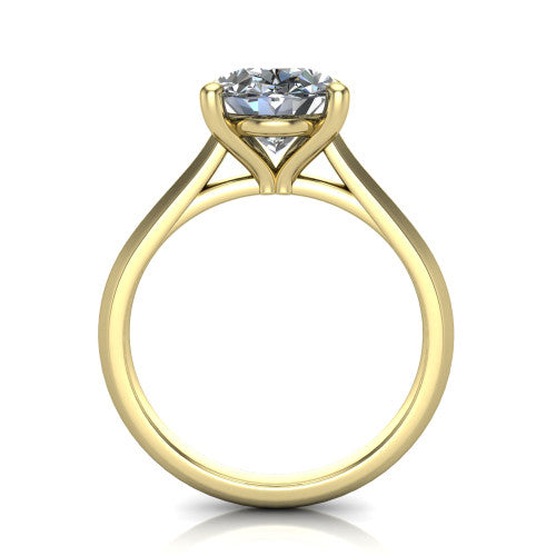 Gianna oval classic solitaire engagement ring in 18K Yellow Gold, through-finger front profile showing the oval center raised above the knife-edge band