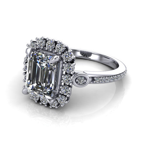 Victoria Emerald Shape Halo Engagement Ring in Platinum