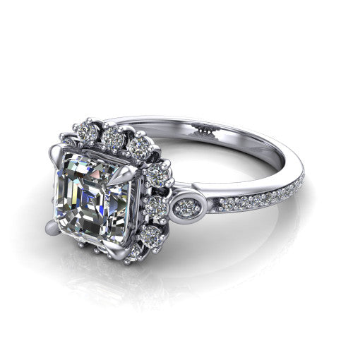 Victoria Square Emerald Shape Halo Engagement Ring in Platinum