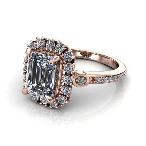 Victoria Emerald Shape Halo Engagement Ring in 14K Rose Gold