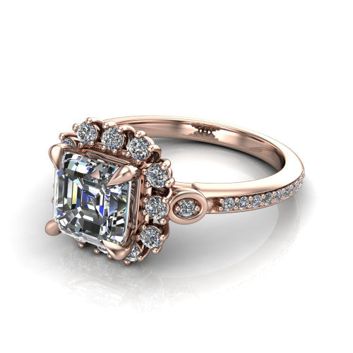 Victoria Square Emerald Shape Halo Engagement Ring in 18K Rose Gold