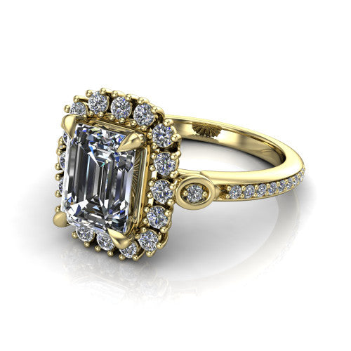 Victoria Emerald Shape Halo Engagement Ring in 18K Yellow Gold