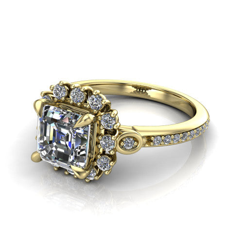 Victoria Square Emerald Shape Halo Engagement Ring in 14K Yellow Gold