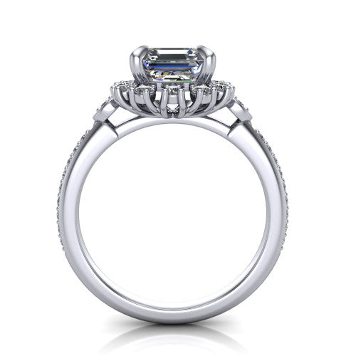 Victoria Square Emerald Shape Halo Engagement Ring in Platinum