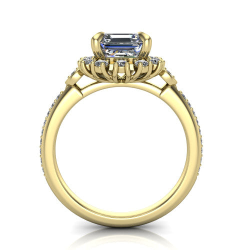 Victoria Square Emerald Shape Halo Engagement Ring in 18K Yellow Gold
