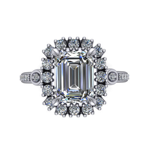 Victoria Emerald Shape Halo Engagement Ring in Platinum