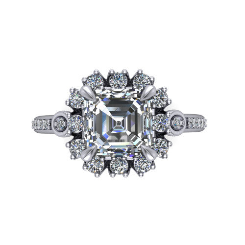 Victoria Square Emerald Shape Halo Engagement Ring in 14K White Gold