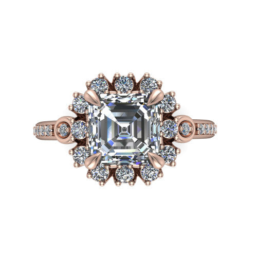Victoria Square Emerald Shape Halo Engagement Ring in 14K Rose Gold