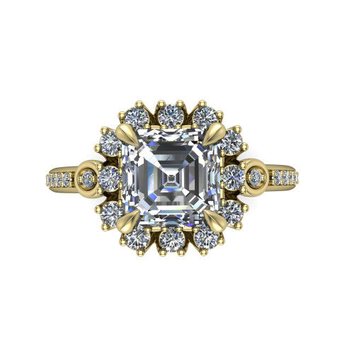 Victoria Square Emerald Shape Halo Engagement Ring in 14K Yellow Gold