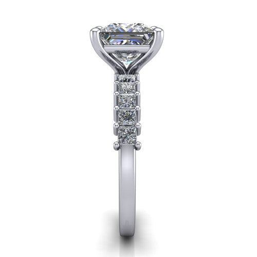 Maya princess classic engagement ring in 18K White Gold, side profile showing the channel-divided princess cut band and the open basket beneath the princess center