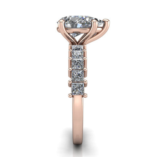 Maya pear classic engagement ring in 14K Rose Gold, side profile showing the channel-divided princess cut band and the open basket beneath the pear center