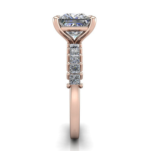 Maya princess classic engagement ring in 18K Rose Gold, side profile showing the channel-divided princess cut band and the open basket beneath the princess center