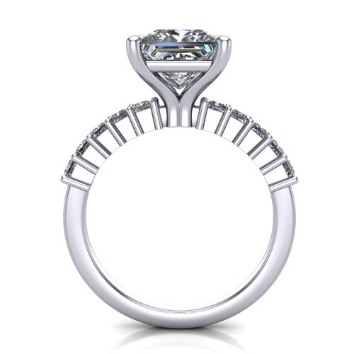 Maya princess classic engagement ring in 18K White Gold, through-finger front profile showing the princess center raised above the bar-set princess cut band