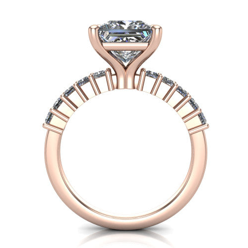 Maya princess classic engagement ring in 14K Rose Gold, through-finger front profile showing the princess center raised above the bar-set princess cut band