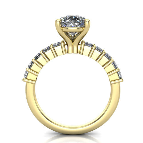 Maya pear classic engagement ring in 18K Yellow Gold, through-finger front profile showing the pear center raised above the bar-set princess cut band